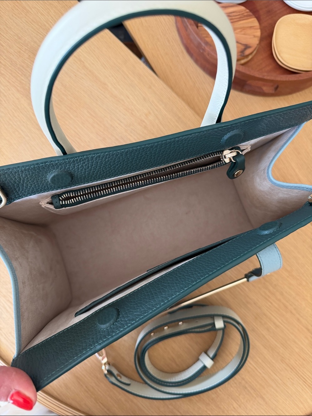 Strathberry Dark Green & Cream Midi Tote with Gold Bar - Picture 5 of 16